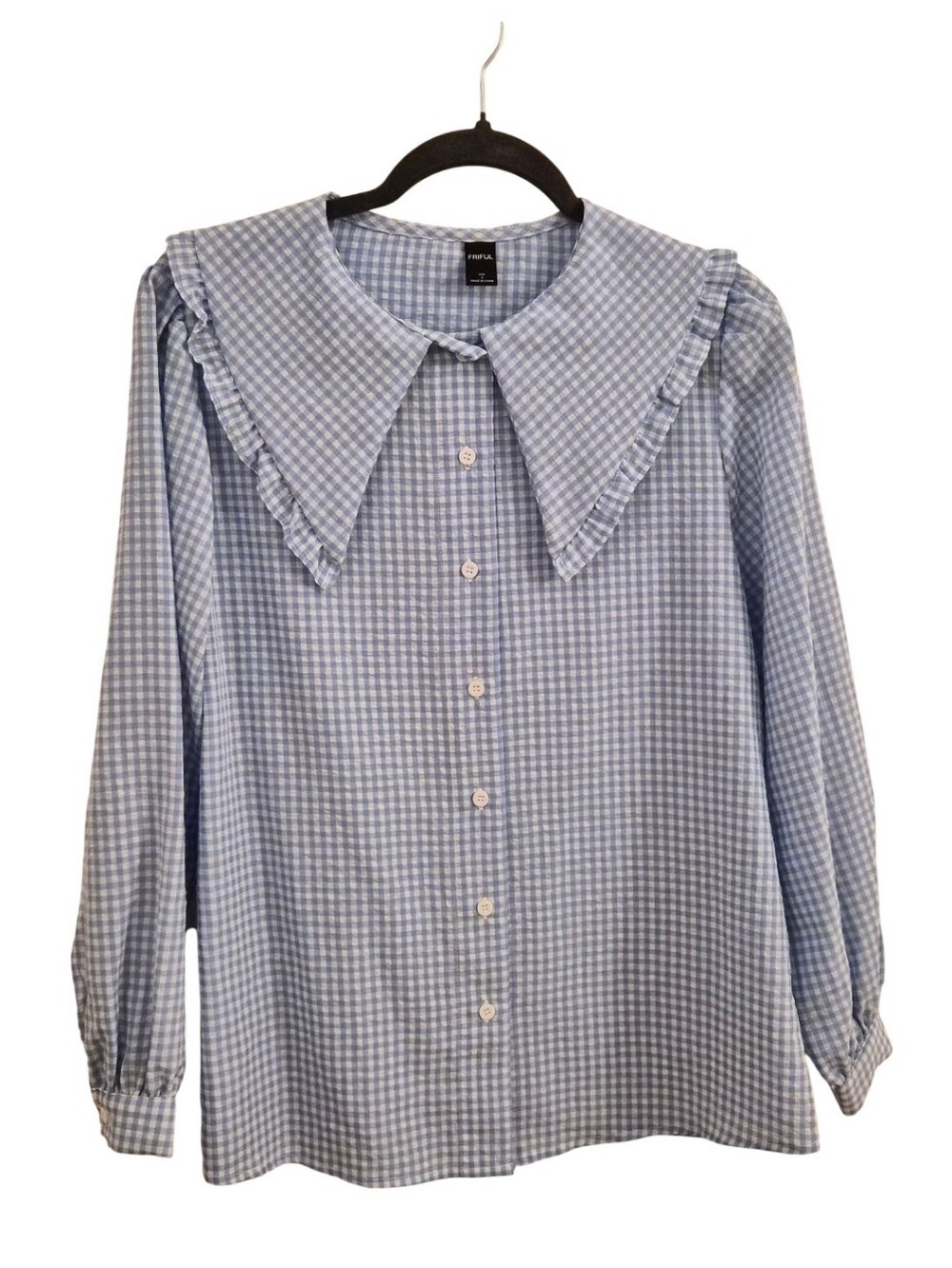Blue Gingham Ruffle Collar Button-Up Top